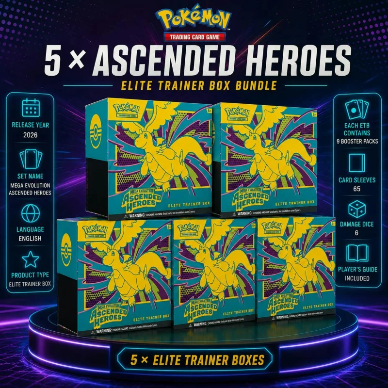 5 X POKÉMON TCG MEGA EVOLUTION ASCENDED HEROES ELITE TRAINER BOX BUNDLE