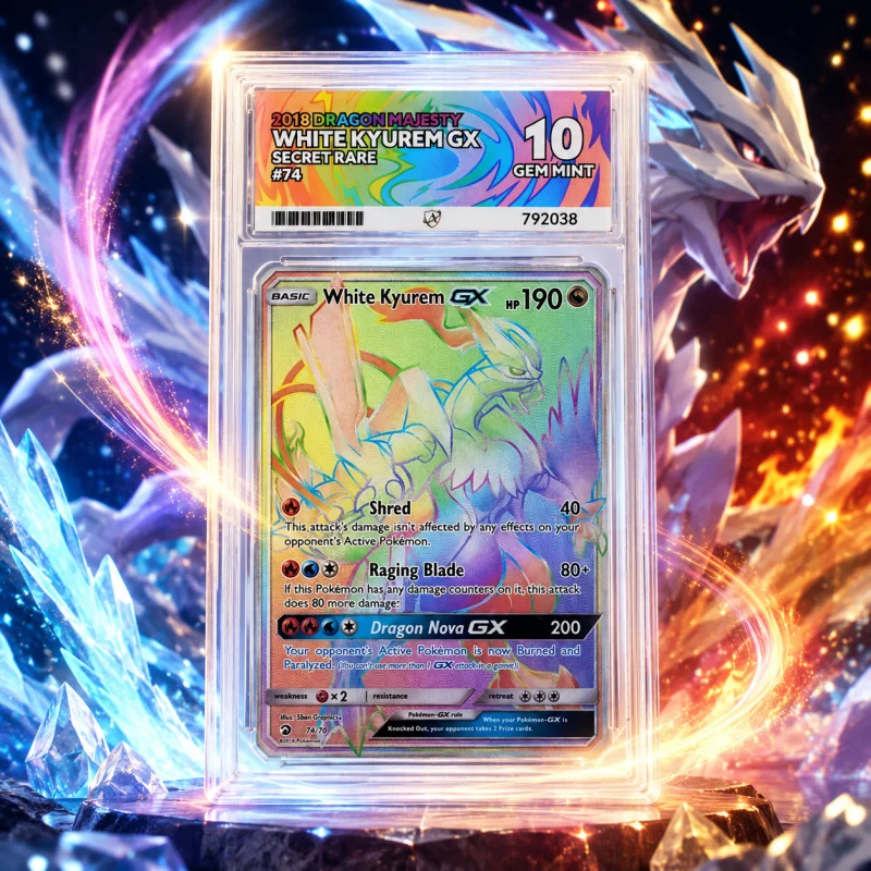 ACE 10 GEM MINT 2018 WHITE KYUREM GX SECRET RARE #74/70 DRAGON MAJESTY POKEMON