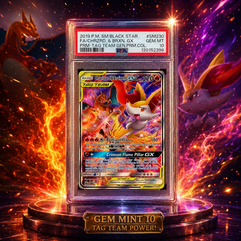 PSA 10 GEM MINT 2019 POKÉMON SM230 CHARIZARD & BRAIXEN GX FULL ART TAG TEAM BLACK STAR PROMO