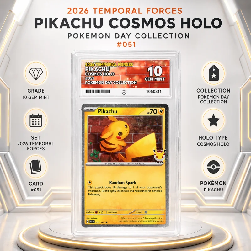 ACE 10 GEM MINT PIKACHU COSMOS HOLO #051 POKÉMON DAY COLLECTION – TEMPORAL FORCES 2026 PROMO