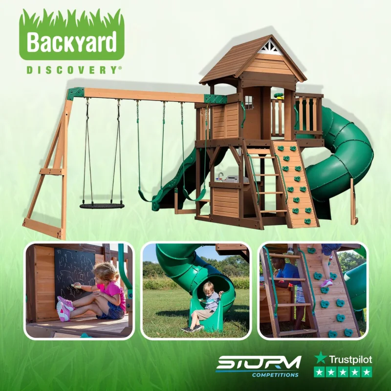 Backyard Discovery Cedar Cove Wooden Climbing Frame with 2 x Swings, Web Swing, Play Kitchen and 2 x Slides