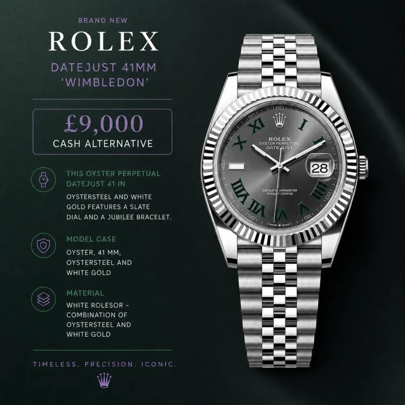 NEW 2026 ROLEX DATEJUST 41MM WHITE GOLD ‘WIMBLEDON’ or £9,000
