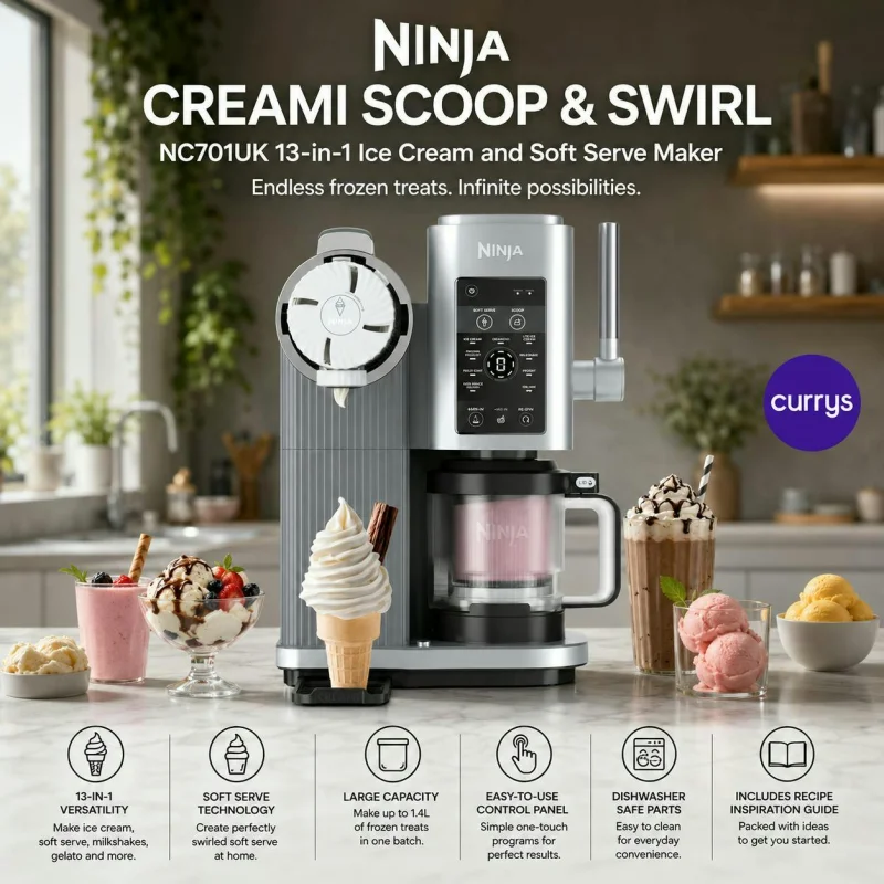 NINJA CREAMI SCOOP & SWIRL NC701UK 13-IN-1 ICE CREAM AND SOFT SERVE MAKER - SILVER