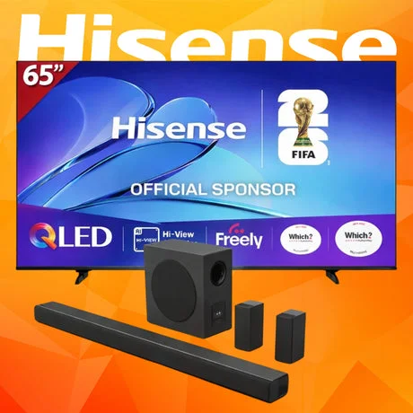 Hisense 65" QLED Smart AI TV & Sound Bar Bundle 19th May 26