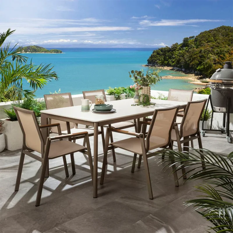 LENO & PHAROS 6 SEATER CERAMIC OUTDOOR GARDEN DINING SET BEIGE ALUMINIUM